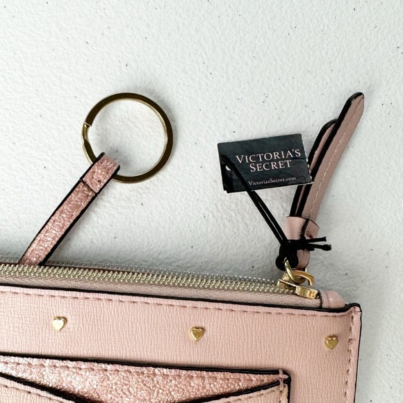 Victoria Secret Rose Gold Pink Zip Card Case Keychain w/ Studded Hearts - Picture 5 of 6